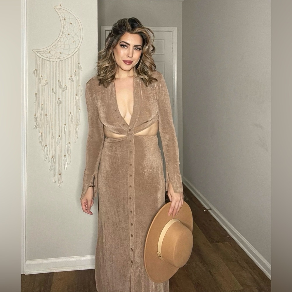 Tan Long Sleeve Cutout Dress
